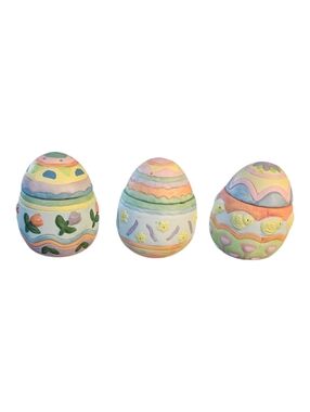 Lot Of 3 Ceramic Easter Egg Candle Holders w/Lids Tulips Flowers Chicks